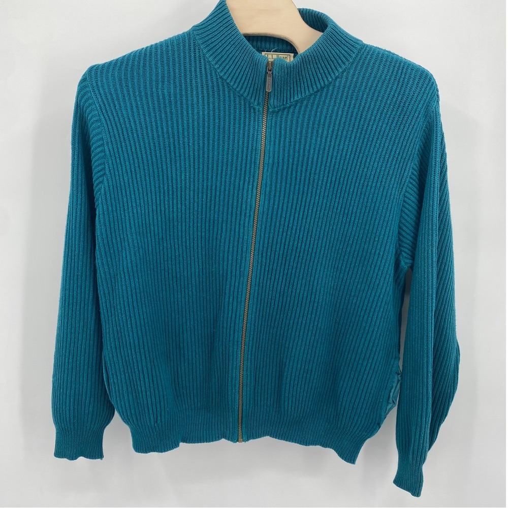 L.L.Bean Mens XL-Long Full Zip Cotton Sweater Teal Ribbed Heavy USA